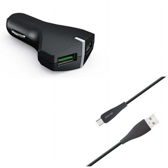 2-Port USB 36W Fast Car Charger w Charger Cord Type-C 6ft USB Cable G5A for Blackberry Motion, Key2, KEYone, LE - BLU G9, Vivo XI Plus 5 - CAT S61 S48c - Coolpad Legacy