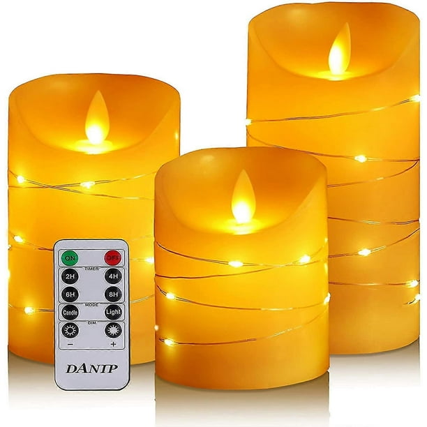Vela sin llama con cadena de luces integrada, vela LED de 3 partes con control remoto
