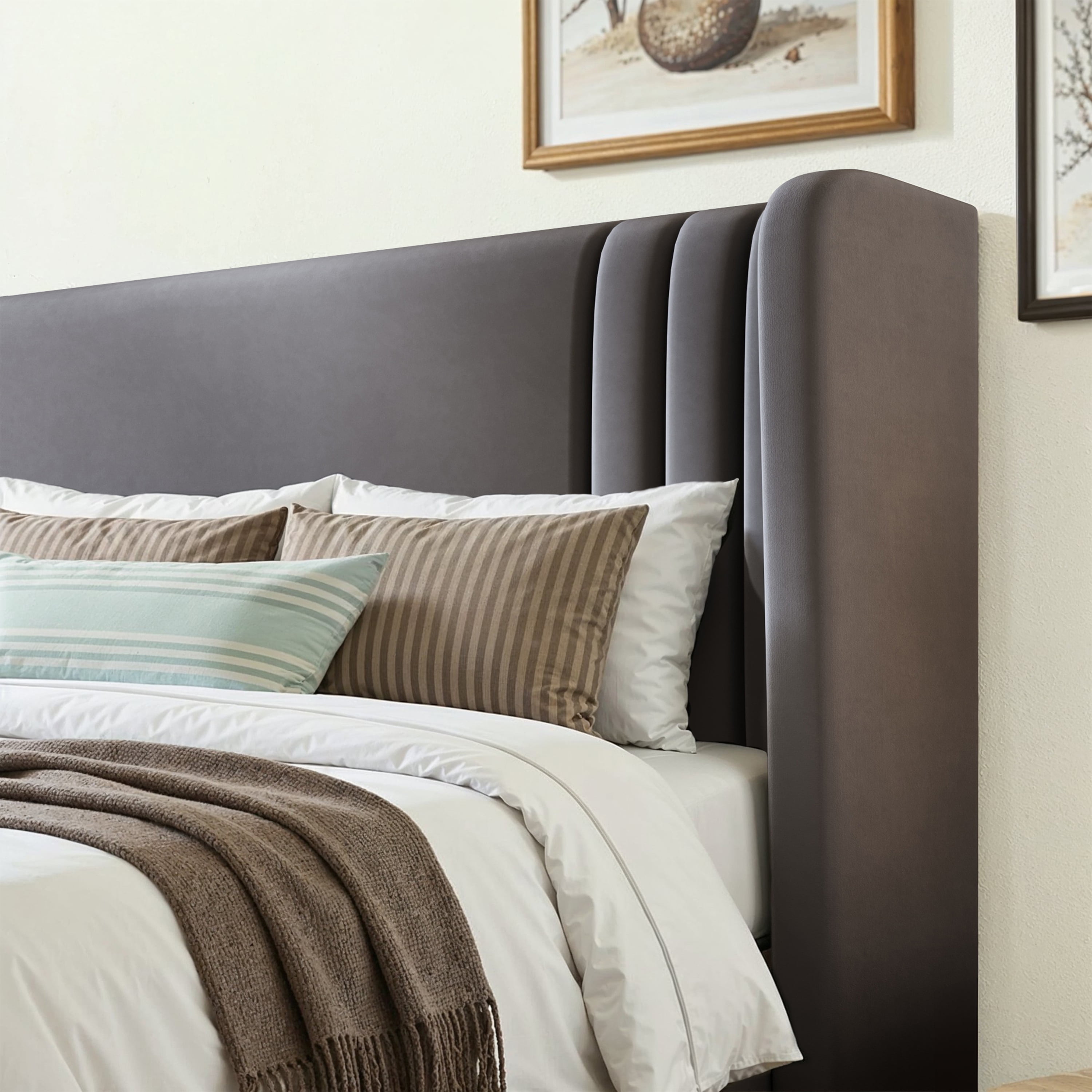 Einfach Queen Size Upholstered Bed Frame, Platform Bed with Velvet Wingback Headboard, Gray