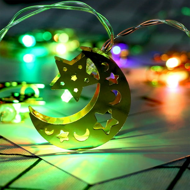 Xihbxyly Faroles Led para Ramadán Eid, Diseño de Hierro Dorado, Opciones En Blanco Cálido y Multicolor, Decoración para Festivales, Fiestas o Habitaciones, 10 Faroles, 165 Cm de Largo, Funciona con P