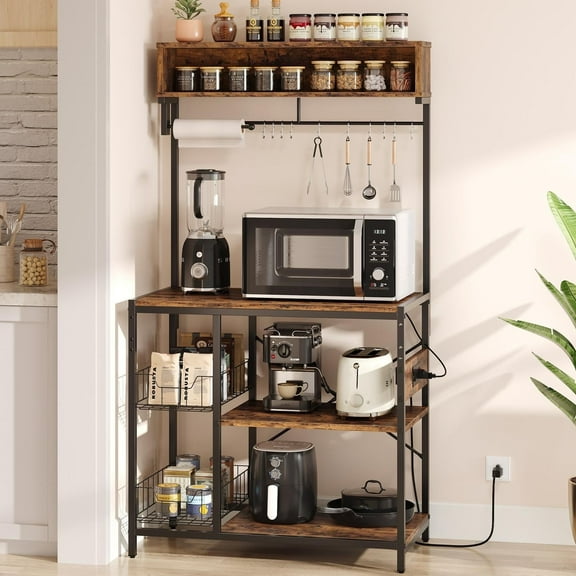 Bestier 65" Bakers Rack with Power Outlets, 5-Tier Kitchen Storage Shelves, Microwave Stand with 2 Wire Basket & 10 Hooks in Rustic