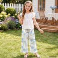thumbnail image 3 of COEQINE Girls Wide Leg Pants with Ruffle Hem, High Waist Full Length Casual Pants Baggy Straight Trousers Trendy Kids Clothes for 7-8 Years, Blue Bow Polka Dots Patchwork, 3 of 8