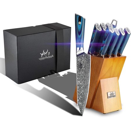 Best.Buy.Damascus1 9-Piece Knife Block Set, AUS10 Damascus Steel, G10 Resin Grip With Full Tang