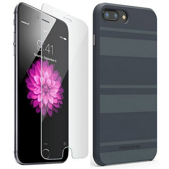 Case for iPhone 8 Plus, PureGear [Midnight Blue] SoftTEK Slim Cover Liquid Silicone Skin [with BONUS Tempered Glass Screen Protector] for Apple iPhone 6 Plus | iPhone 7 Plus | iPhone 8 Plus