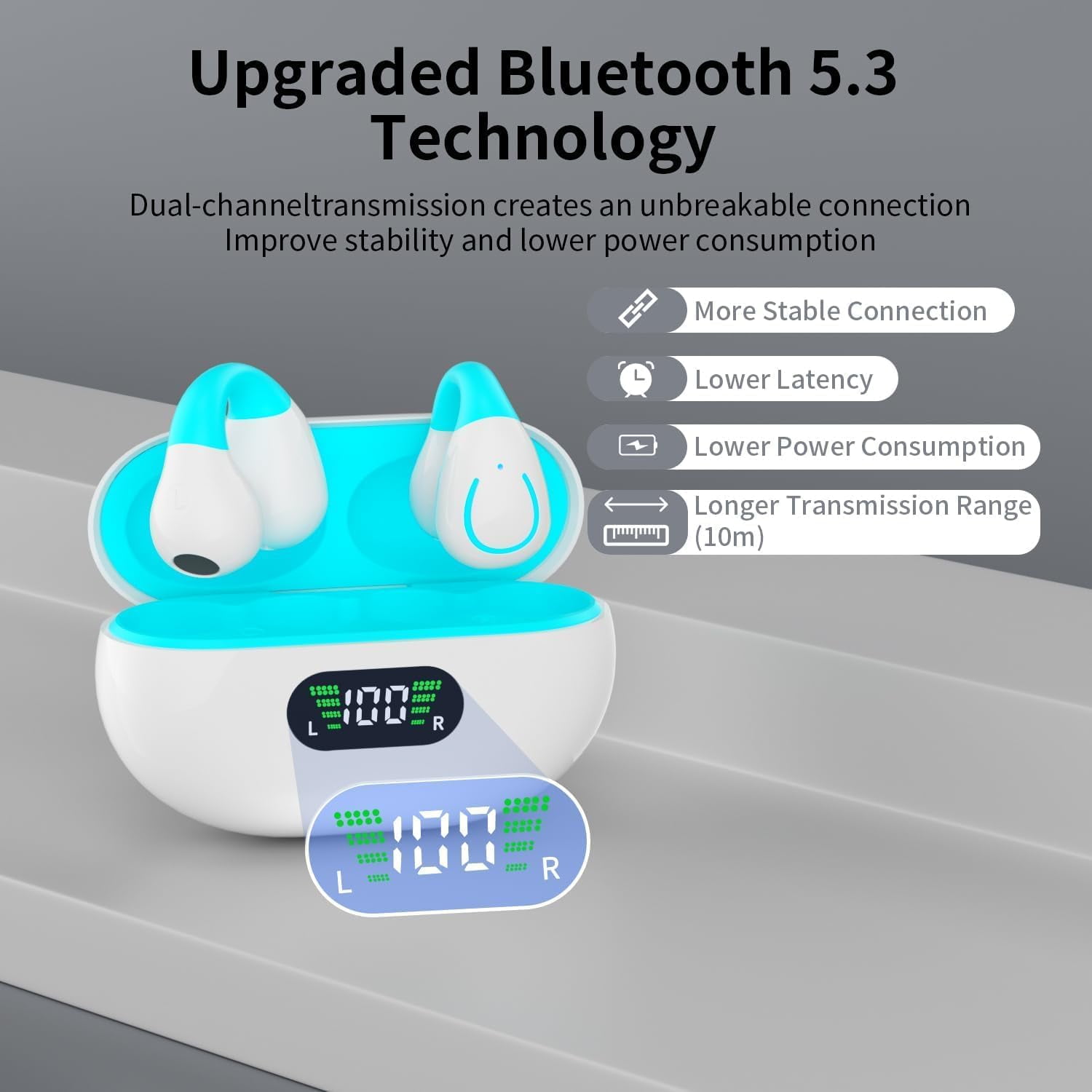 Open Ear Headphones Wireless Bluetooth 5.3 Clip On Earbuds with Digital Display Charging Case Button Control Bone Conduction Mini Sport Earphones Built-in Mic IPX7 Waterproof for Running Fitness Blue