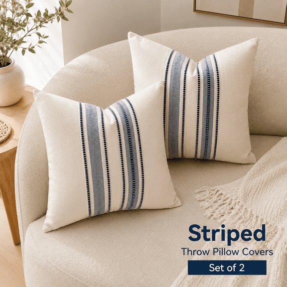 MORAVE Set of 2 18x18 Inch Neutral Navy Blue Striped Linen Textured Throw Pillow Covers, Boho Decorative Cushion Pillowcases for Couch Sofa Bed Farmhouse Modern Living Room Decor