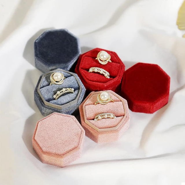 Caja para anillos de terciopelo, 3 uds., exquisita caja para guardar anillos de boda con 2 ranuras, preciosa caja hexagonal para anillos de boda con tapa desmontable