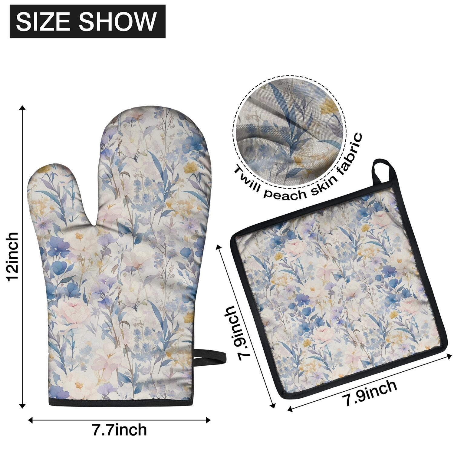 Floral Pattern Oven Mitts and Pot Holders Set Of 4, Heat Resistant Kitchen Gloves with Non-Slip Grip, Hanging Loop, Soft Cotton Lining for Baking, Cooking, Grilling, Barbecue