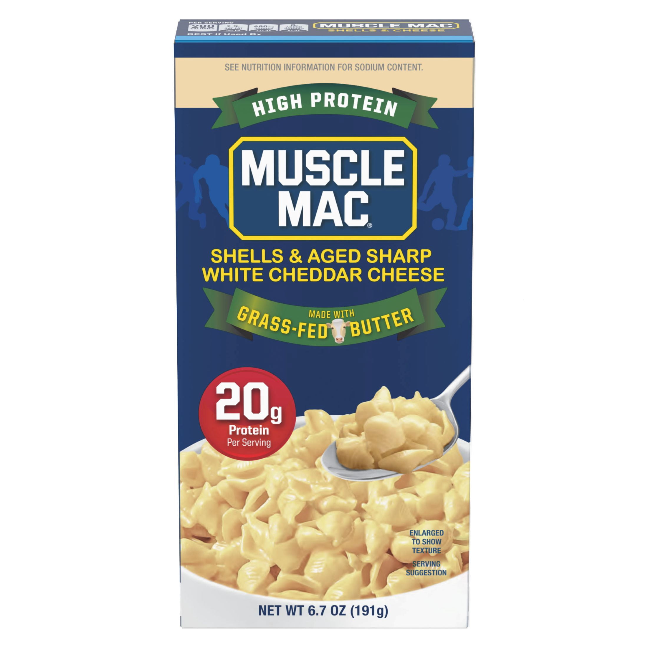 (5 pack) Muscle Mac High Protein Shells & Cheese Dinner, Made With Aged Sharp White Cheddar and Butter from GrassFed Cows, 20g of Protein, 6.7 oz