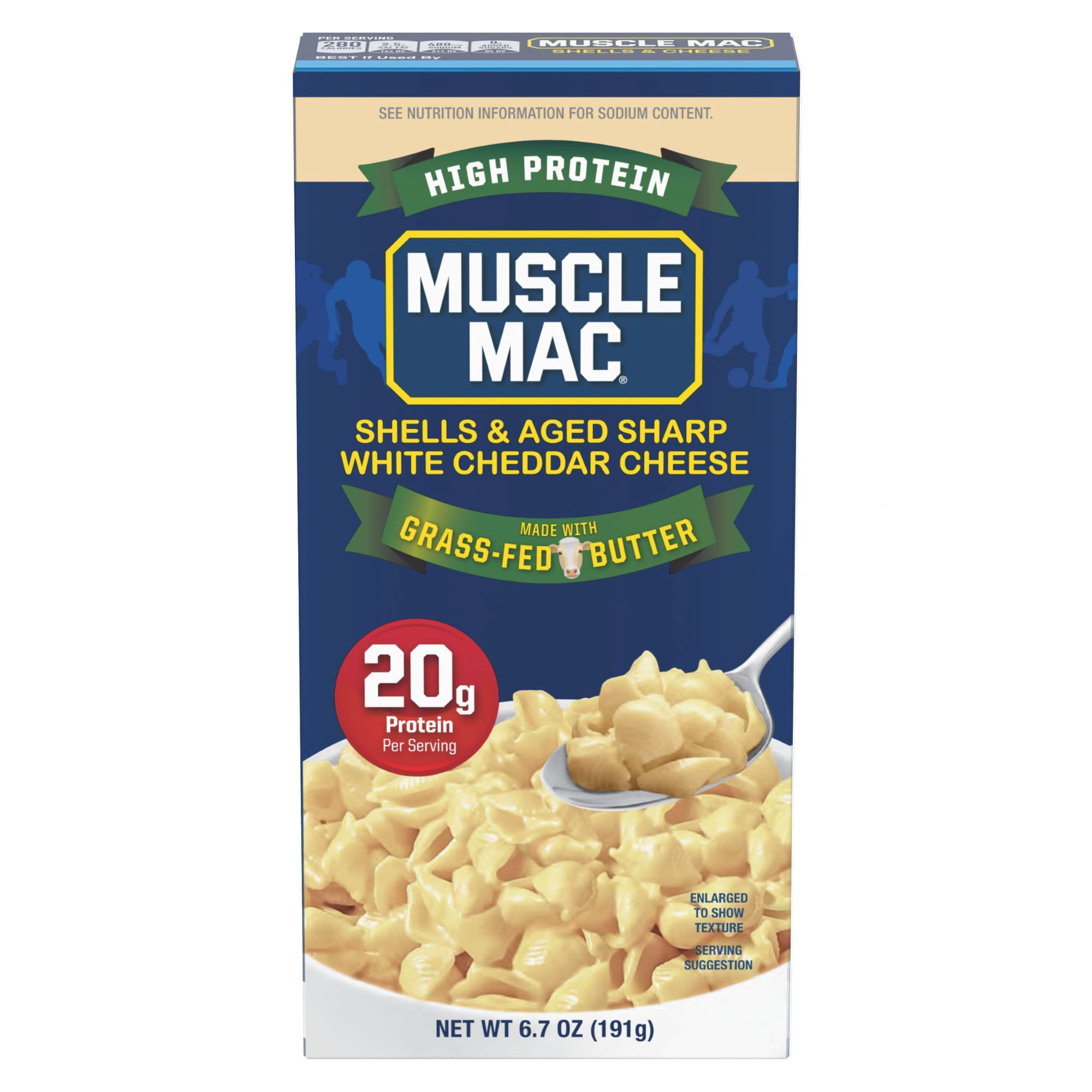Muscle Mac High Protein Shells & Cheese Dinner, Made With Aged Sharp White Cheddar and Butter from GrassFed Cows, 20g of Protein, 6.7 oz