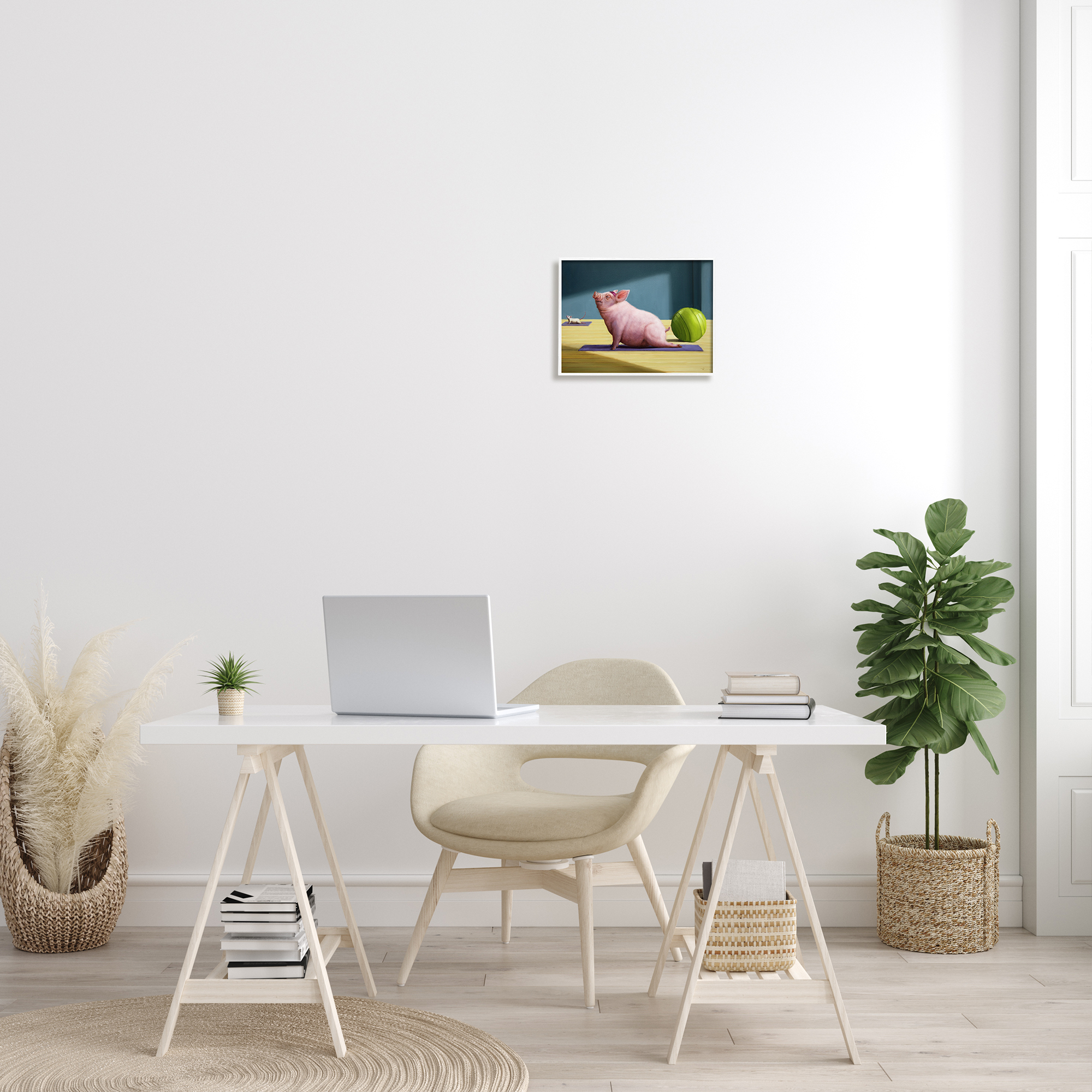 Stupell Industries Pink Pig Doing Yoga Upward Facing Hog Animals & Insects Painting White Framed Art Print Wall Art, 11 x 14