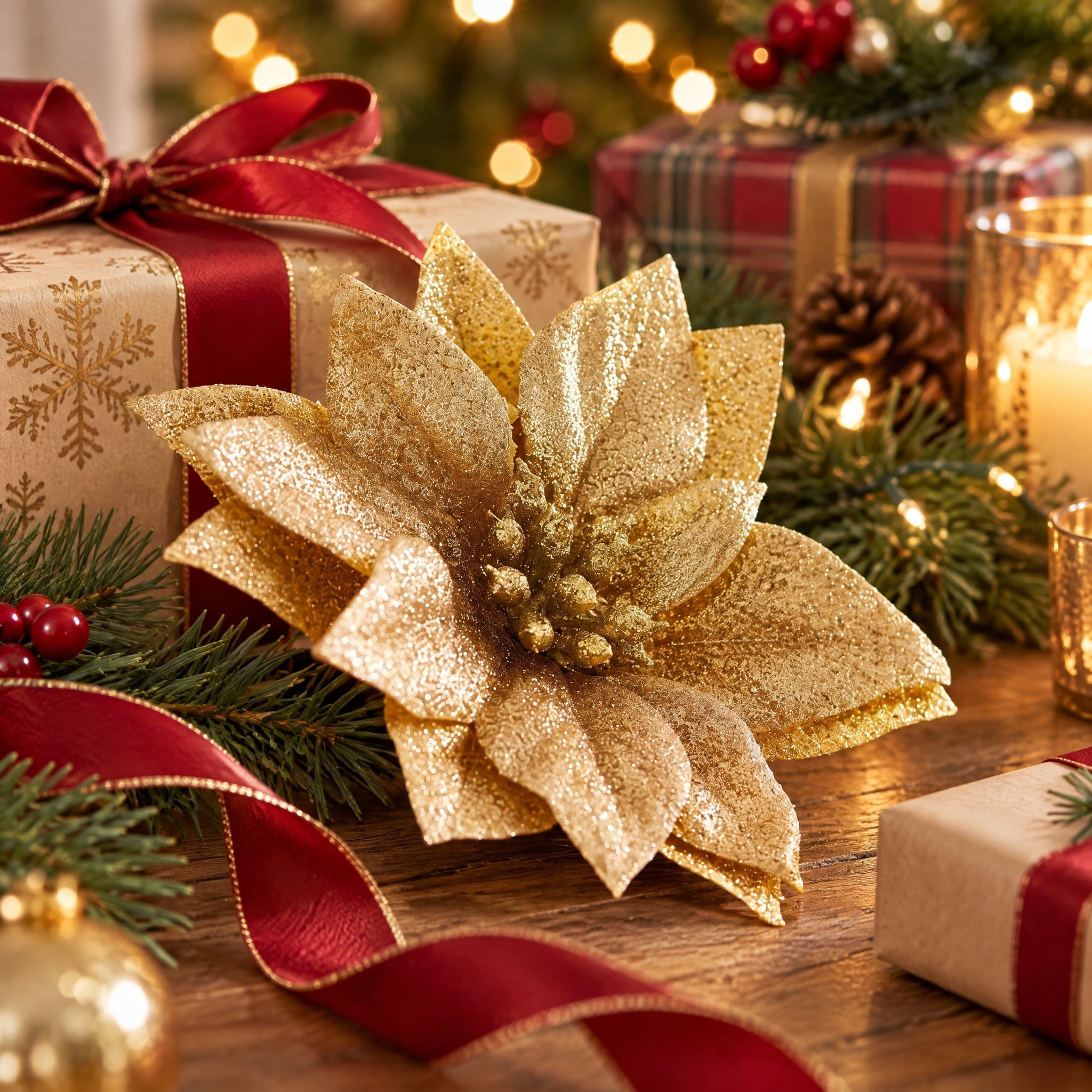 Gold Poinsettia Christmas Clip Ornament, 4", by Holiday Time