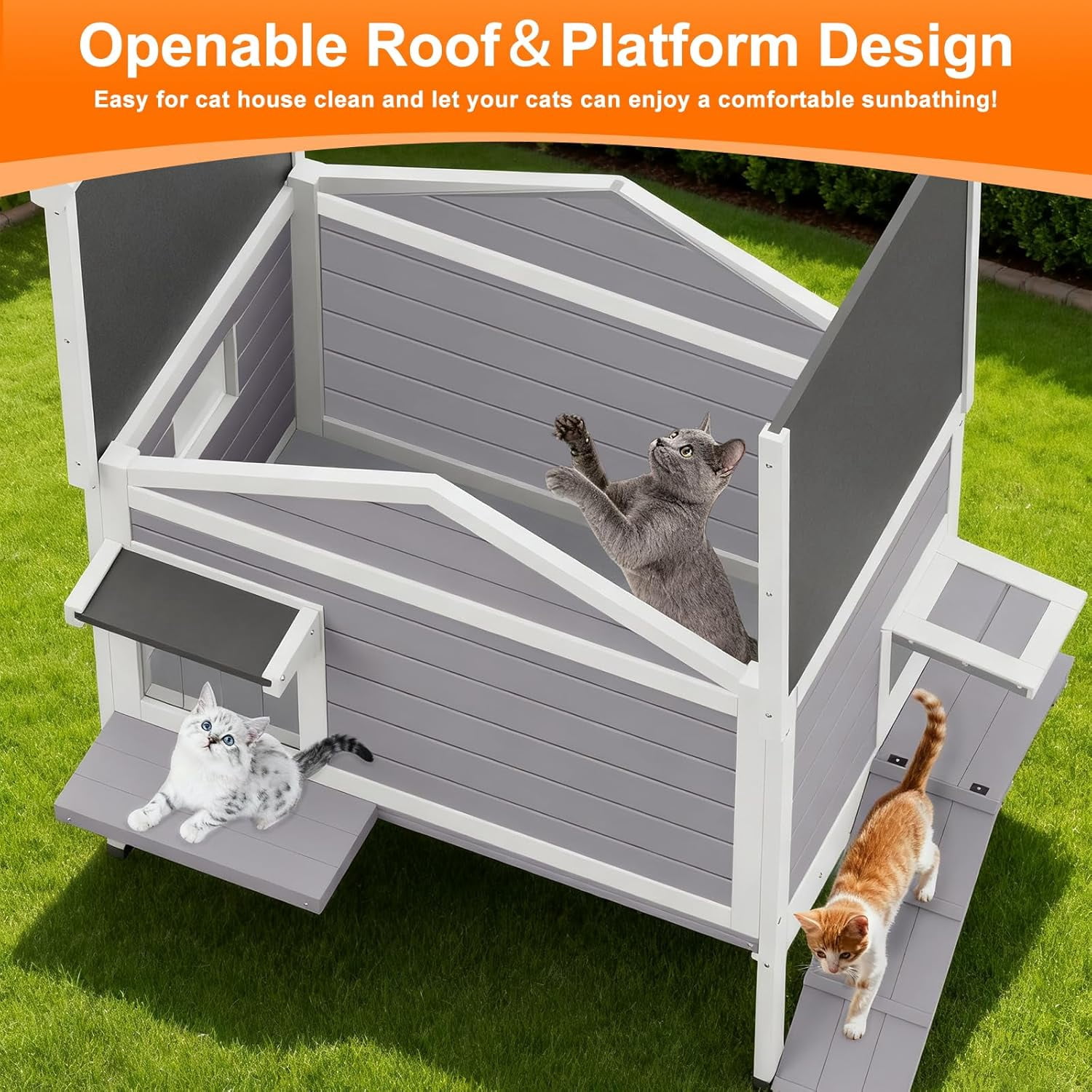 HomeSheek 32.6" Outdoor Cat House with Ramp & Side Door, Weatherproof Feral Cats Shelter Keep Safe, Easy Assembly & Cleaning, Indoor Outdoor Pet Home