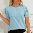 thumbnail image 6 of Women's Casual Oversize Blouses Trendy Lace Hollow Sleeves Shirt Solid Color Round-Neck Shirts Summer Short Sleeved T-Shirts Pullover Top, 6 of 7