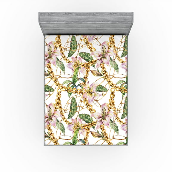Ambesonne Retro Fitted Sheet, Lily Flowers Chain Look Print, California King, Blush Mustard Fern Green