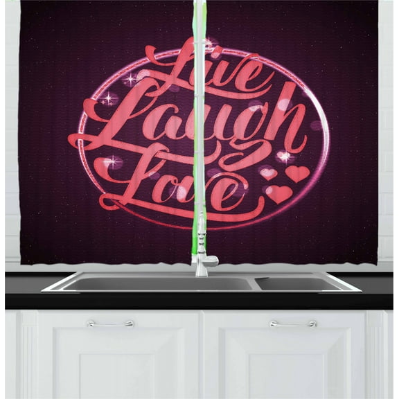 Ambesonne Live Laugh Love Kitchen Curtains, Bokeh Hearts, 55"x39", Salmon Dark Purple Red