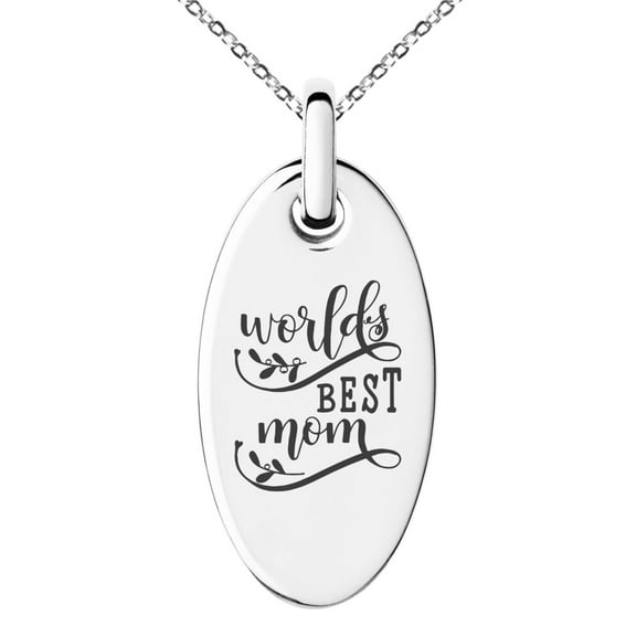 Stainless Steel Floral World's Best Mom Small Oval Charm Pendant Necklace