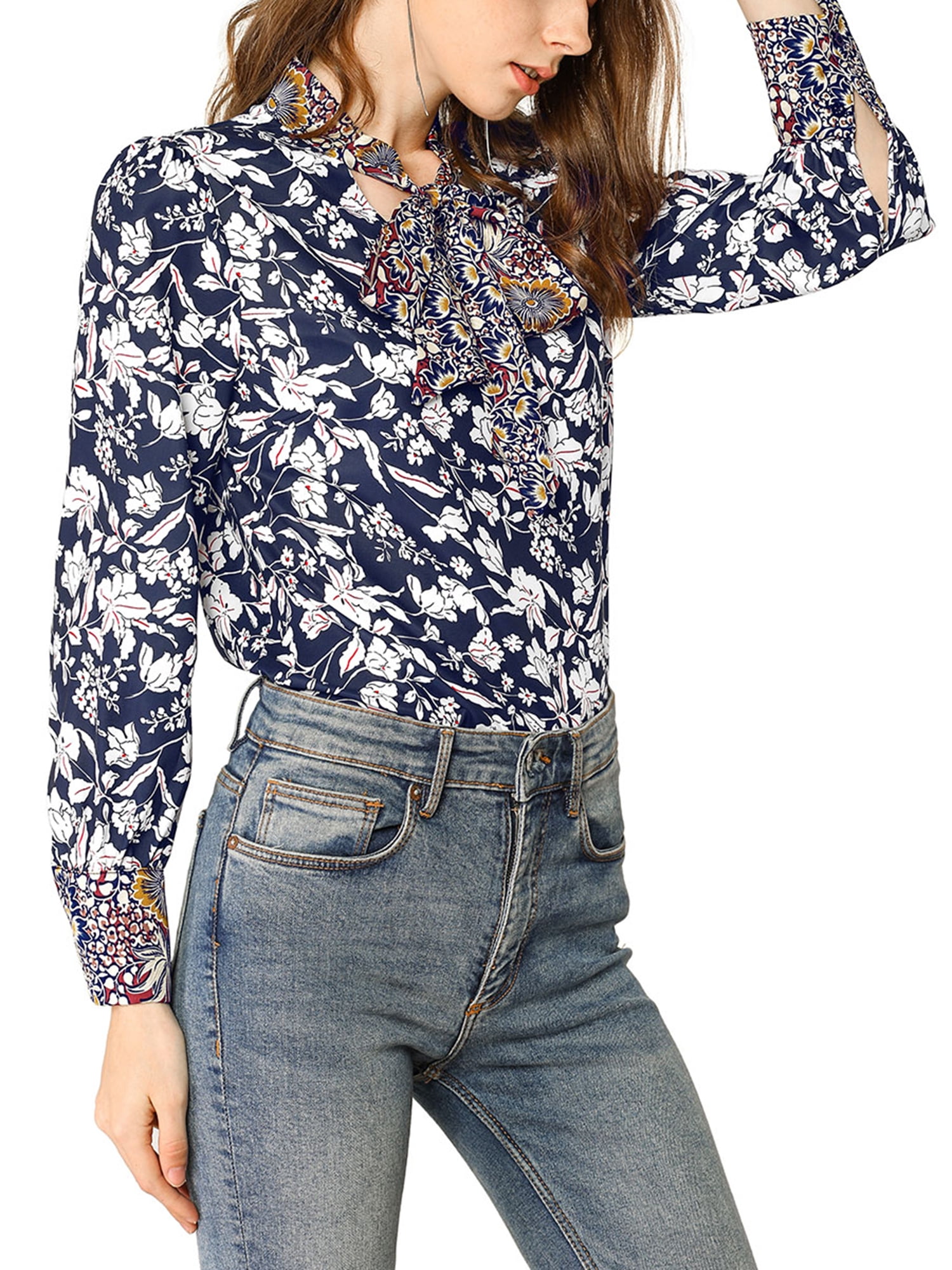 Unique Bargains Women's Boho Floral Printed Shirt V Neck Pussy Bow Blouse