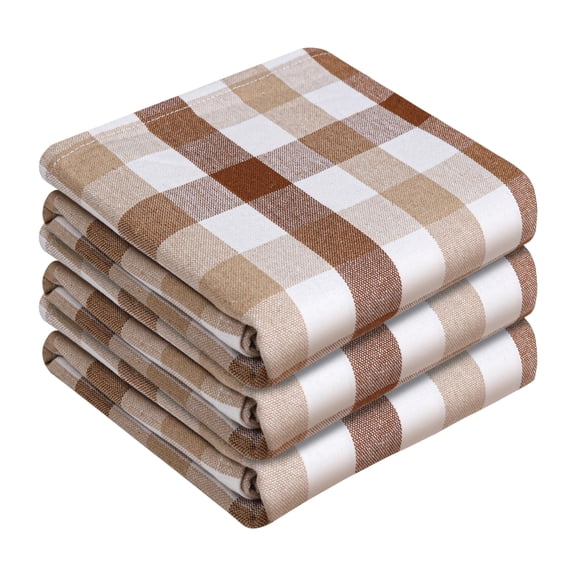 HEIRLOOM COMFORT Gingham Check Kitchen Towels 3 Pack, 18"x26", 100% Cotton, Super Absorbent & Quick Dry, Durable Dish Towel for Drying Dishes, Machine Washable, Everyday Use - Brown, Beige, White