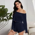 thumbnail image 4 of loungewear sexy pajamas one-word off-the-shoulder women's long-sleeved shorts two-piece set solid color summer, 4 of 6