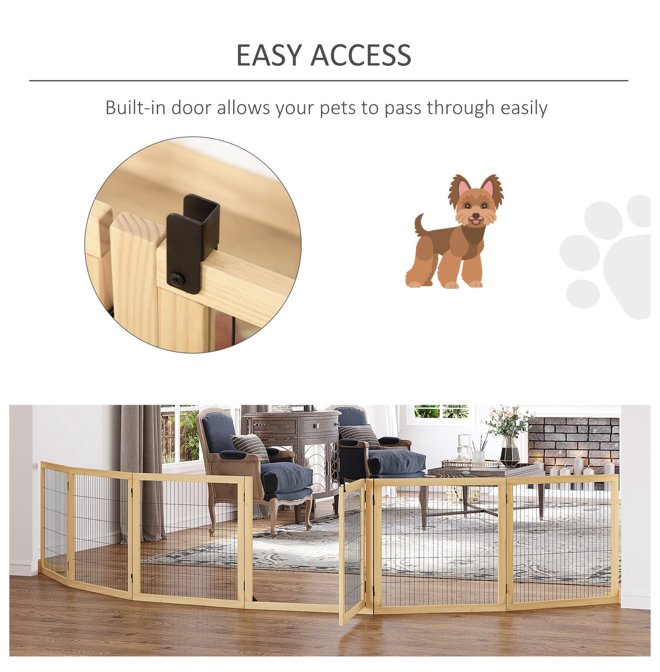 Wooden Dog Gate, 170" Freestanding Pet Gate, 6-Panel Foldable Dog Safety Barrier with 2 Support Feet for House Doorway Stairs, Small and Medium Dogs, Natural Wood