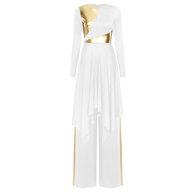 Yeahdor Tenue de Danse pour Femmes, Manches Longues, Superpositions Liturgiques, Robe avec Pantalon Grand, Ensemble Blanc L