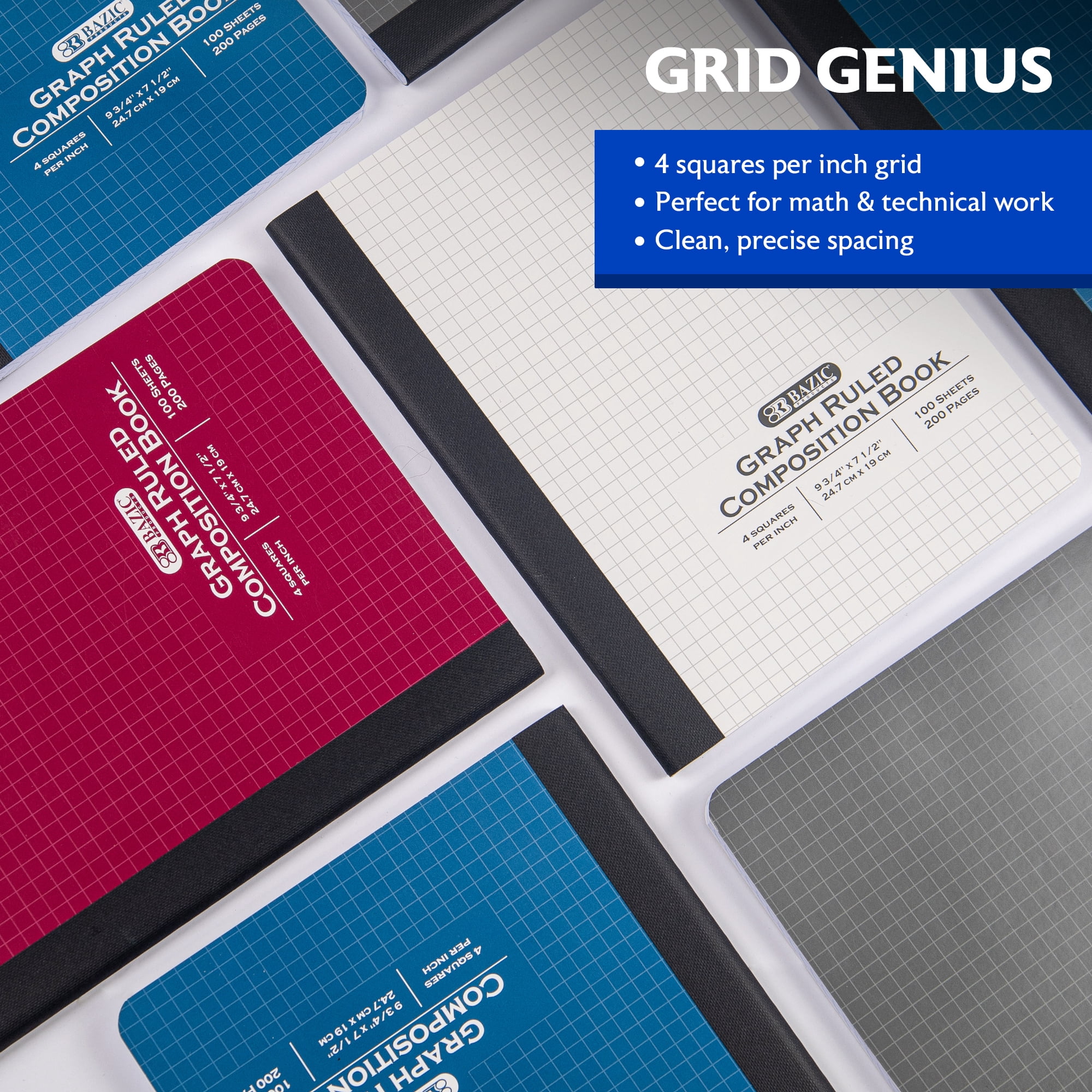 BAZIC Products Quad Ruled Composition Notebook, Quad Rule 4 Squares per Inch, 9.75 x 9.75 Inches, 4x4 Graph Ruled Paper Notebooks, 100 Sheets, Assorted Color Cover, 48 Pack