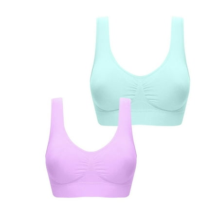 ATOYSOY 2 Pack Plus Size Sports Bra Everyday Bra Yoga Activewear Bralette Underwear Push Up Comfort Bra Clearance Breathable Teens Wireless Ruched Tank Tops Light Blue XXXL
