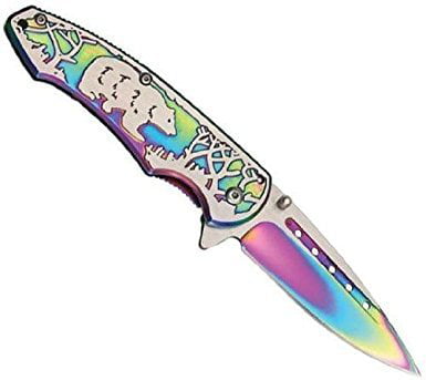 3 1/4" two-tone matte and rainbow finish stainl China Made Knives 4 1/2" closed 