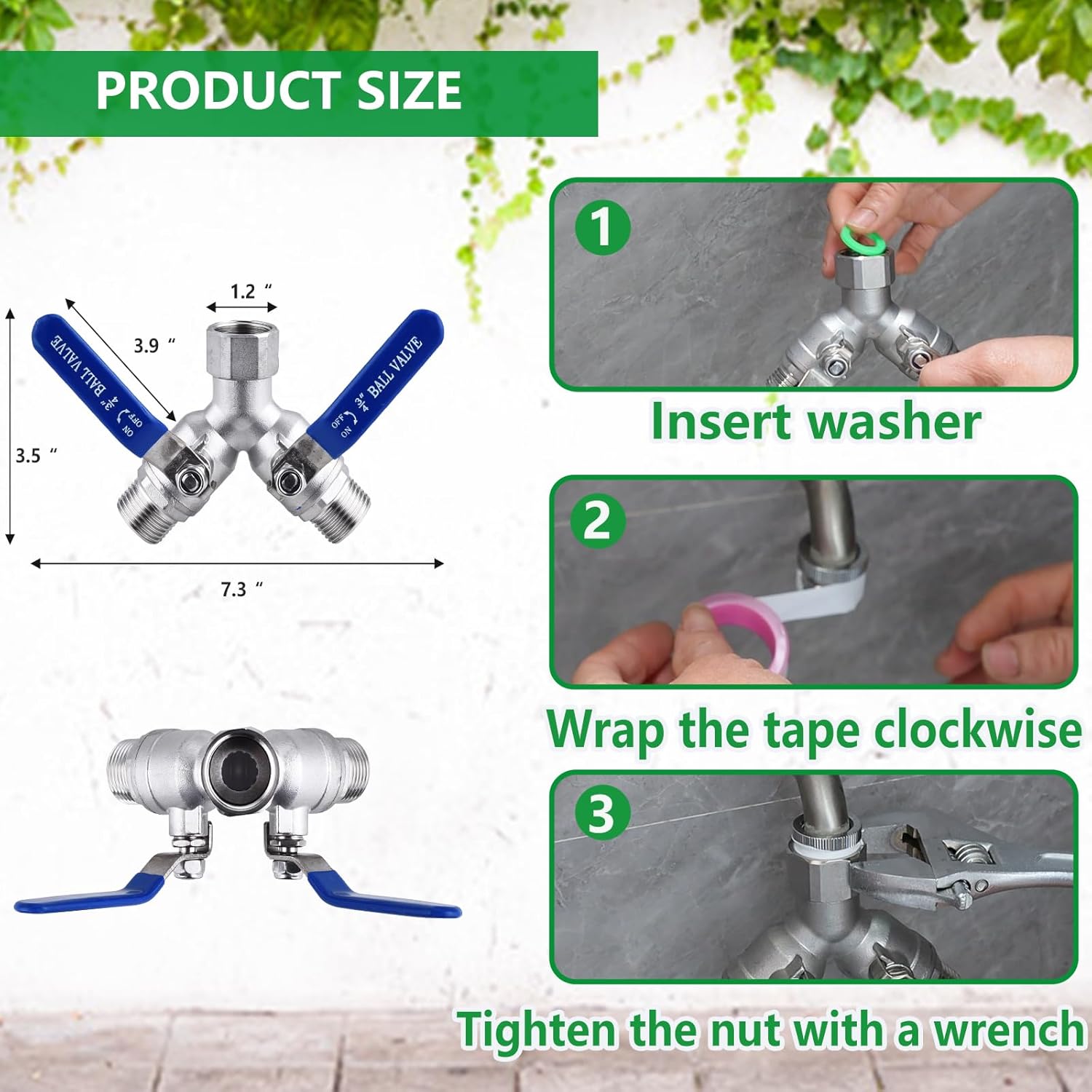 Divisor de manguera de jardín de acero inoxidable 304 de 2 vías resistente, conector de manguera con válvula en Y y mango largo, flujo completo sin plomo de 3/4" GHT 7