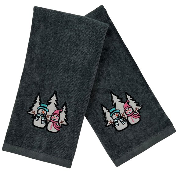 Luxury Holiday Christmas Hand Towels Embroidered Snowmen Forest Trees Velour Terry Cotton Grey Set Of 2