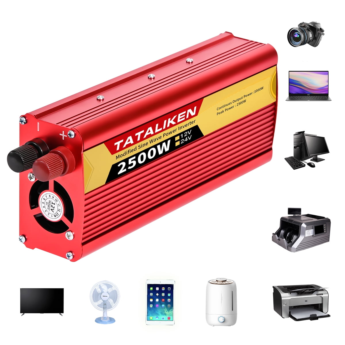 TATALIKEN 2500W（Rating power 1000 W）Power Inverter DC 12V to AC 110V/120V Car Inverter with Battery Clamp Cable 2 AC Outlets for Power Tools Home Vehicles RV Truck,Red