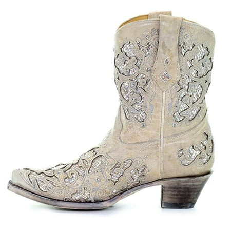 

CORRAL Adult Female Glitter Inlay & Crystals White Ankle Boots Size: 10.5 Width: M