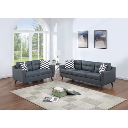 Miekor Furniture Modern Cozy Sofa Loveseat w Pillows 2pc Sofa Set Blue Gray Polyfiber Couch Tufted Cushions Living Room 72746