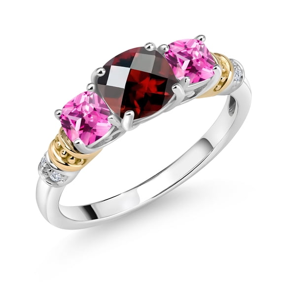 Gem Stone King 925 Silver and 10K Yellow Gold Red Garnet and Pink Created Sapphire and Diamond 3-Stone Ring for Women (1.67 Cttw, January Birthstone, Cushion Checkerboard 6MM and 4MM, Size 5)