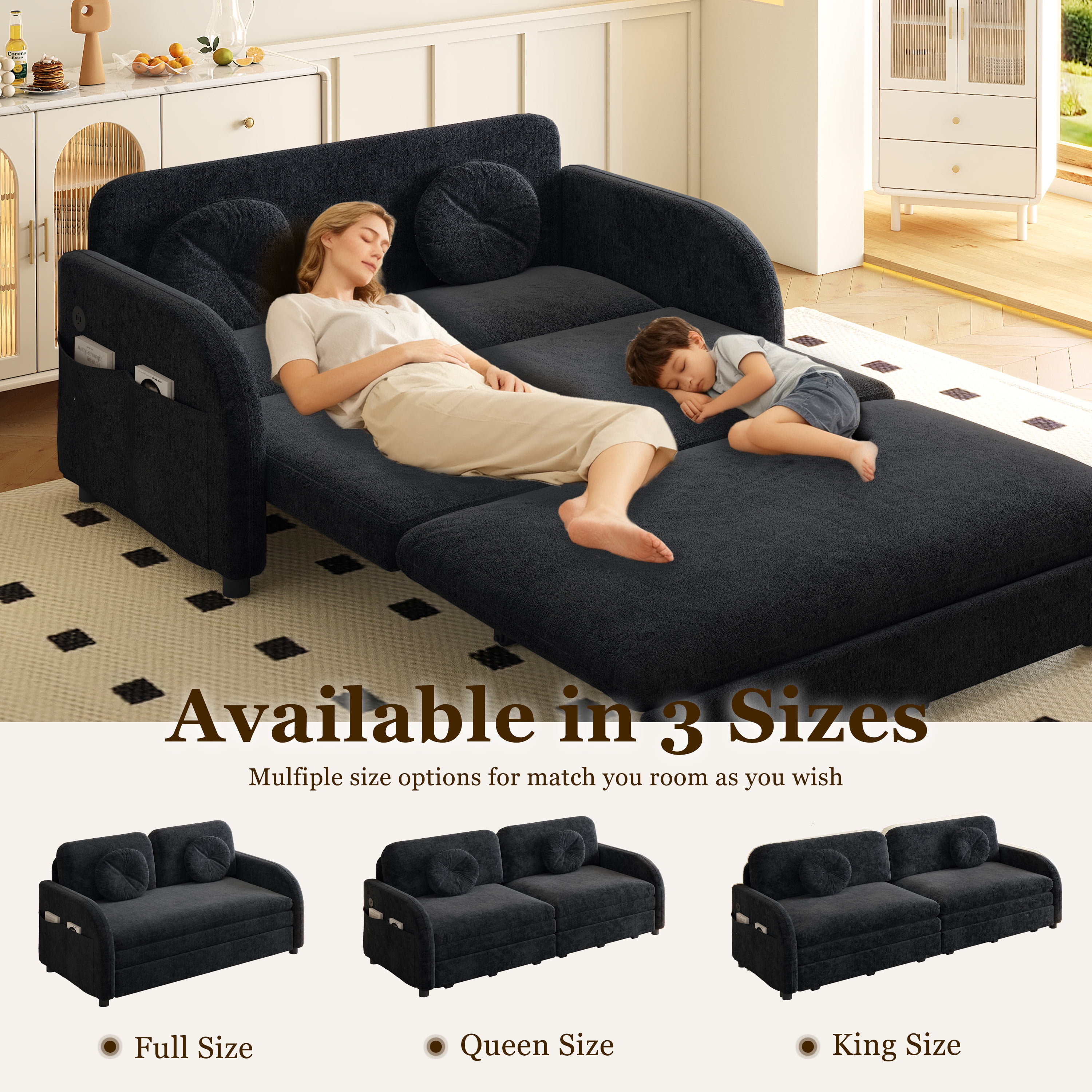 Alvantor 52" W Convertible Sleeper Sofa Bed Chenille Pull Out Loveseat with Side Pocket & USB Port & Pillows for living room, Apartment, Black