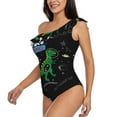 thumbnail image 2 of Easygdp Space Dino Cartoon Black Women's One Shoulder Ruffle Monokini Bathing Suits with Removable Chest Pad, Quick Drying - XX-Large, 2 of 8