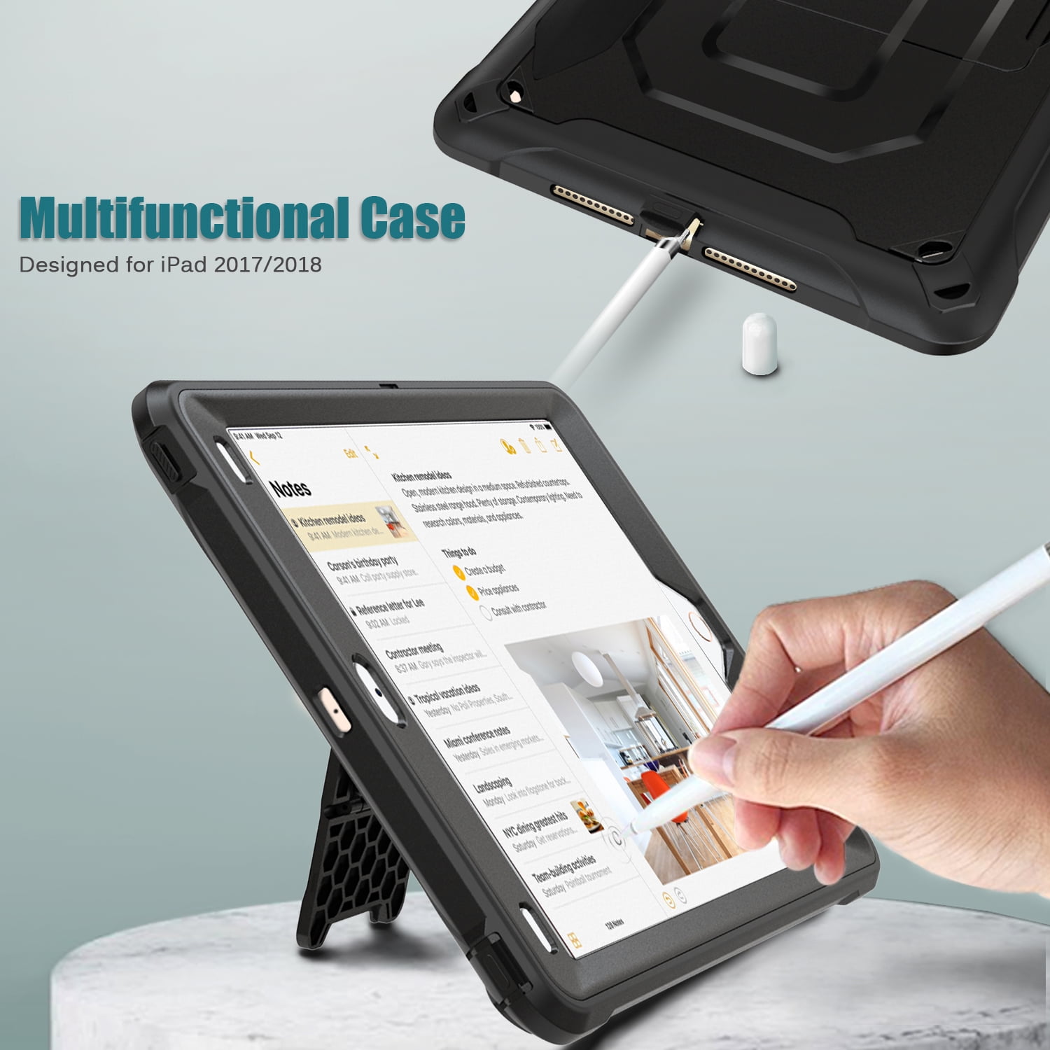 Allytech iPad Mini 1 2 3 Case for Kids, Heavy Duty Protection Pencil Holder Shockproof Anti-Scratch Bumper Multi Angle Viewing Stand Defender Back Cover Ccase for Apple iPad Mini 3 2 1,Black