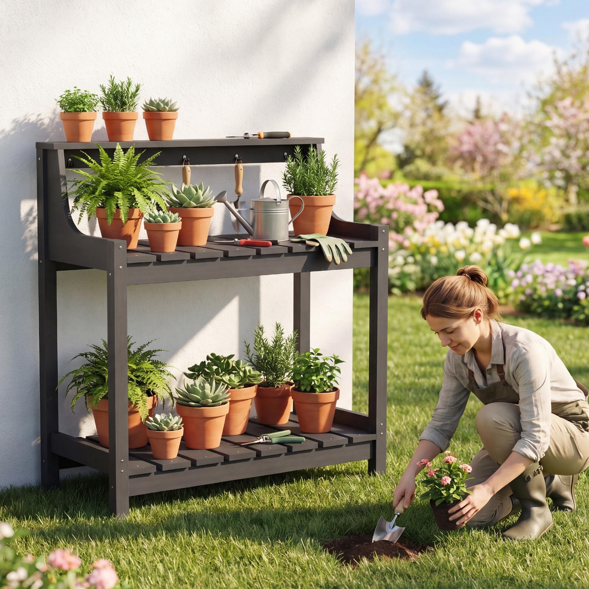 HDPE Potting Bench, All-Weather Outdoor Potting Table with 3-Tier Storage, 43.3” Ergonomic Height Garden Workstation for Patio Backyard Garden, Gray