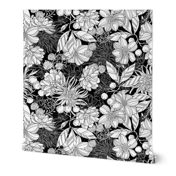Black And White Floral Botanical Wallpaper Wallpaper Roll Floral Botanical Black White Flower Coloring Book 24in x