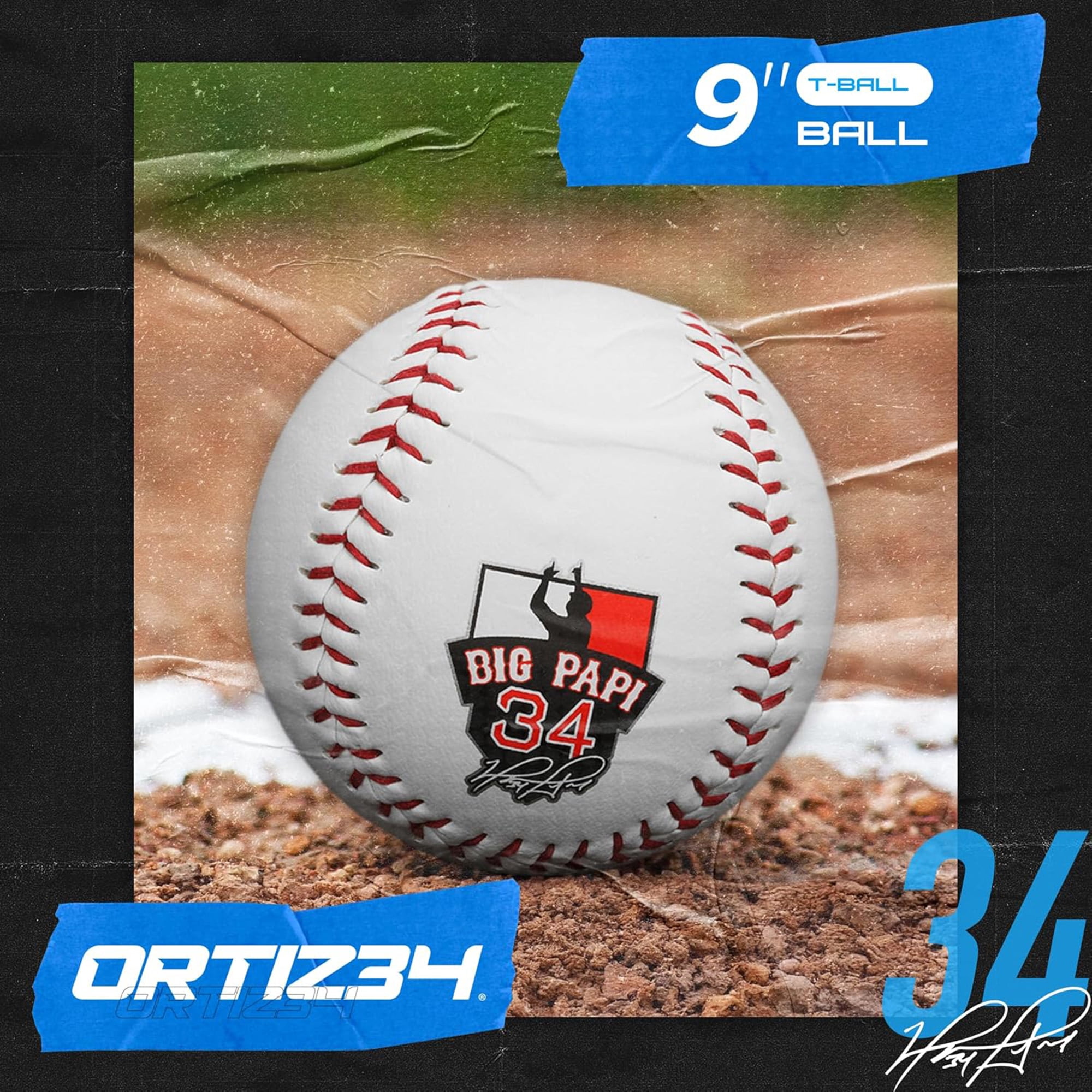 Ortiz34 9" Graffiti Youth T-Ball Baseball Glove, Right Hand Throw, Easy Close, No Break-In, Lightweight, Black/Blue