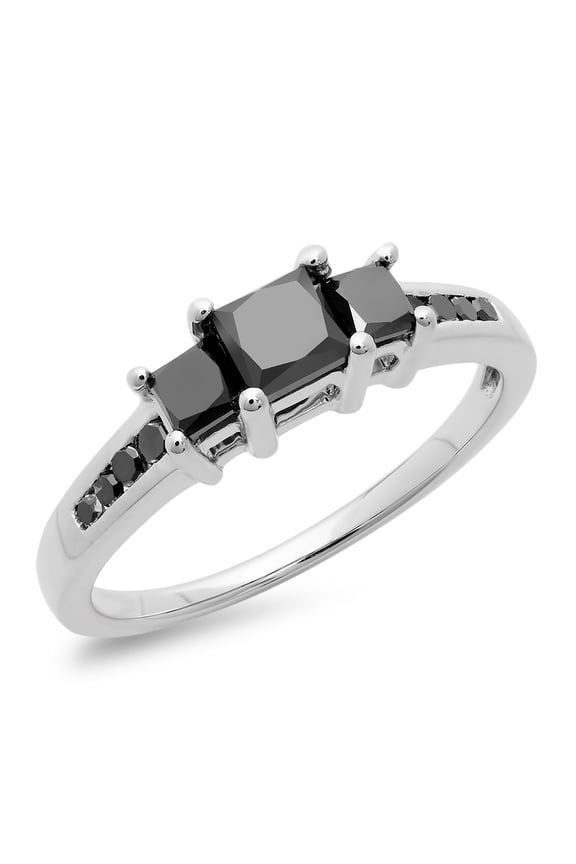 Collection 1.25 Carat (ctw) Sterling Silver Princess & Round Black Diamond Bridal 3 Stone Ring 1 1/4 CT, Size 8