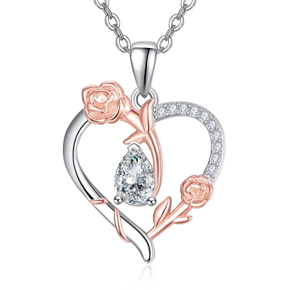 TANGPOET Heart Necklace for Women Sterling Silver Rose Flower Pendant Necklace Flower Jewelry Anniversary Birthday Gift for Wife Her Mom
