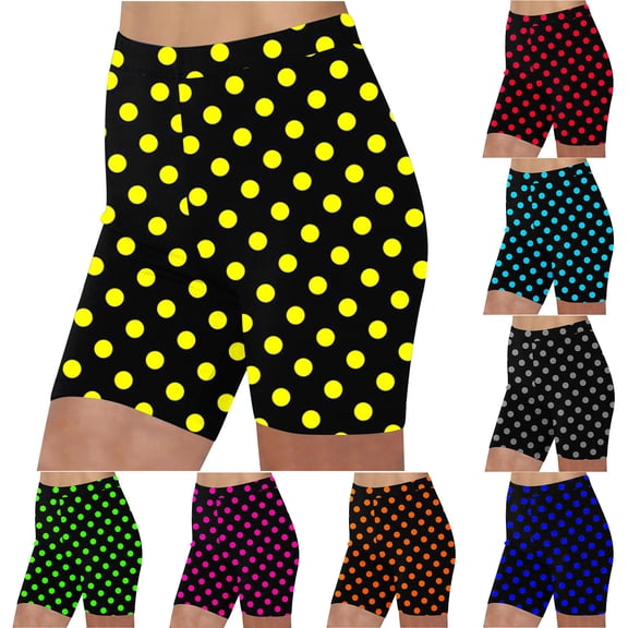 Feancey Womens Summer Biker Shorts Knee Length Casual Polka Dot Print Beach Shorts Buttery Soft Yoga Leggings Stretch Workout Gym Shorts Blue L