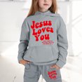 thumbnail image 2 of Jesus Loves You Hoodies Set for Girls Trendy Clearance Letter Print Long Sleeve Pullover Clothing Loose Casual Hooded Sweatshirt with Kangaroo Pocket,Grey,10-11 Years, 2 of 6