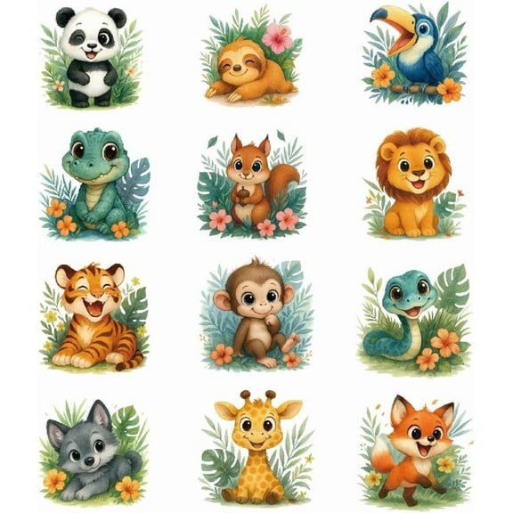 12PCS Cute Floral Animals Iron On Transfer Patches Cartoon Animals Heat Transfer Stickers DIY Iron On Decals Washable Heat Transfers Paper