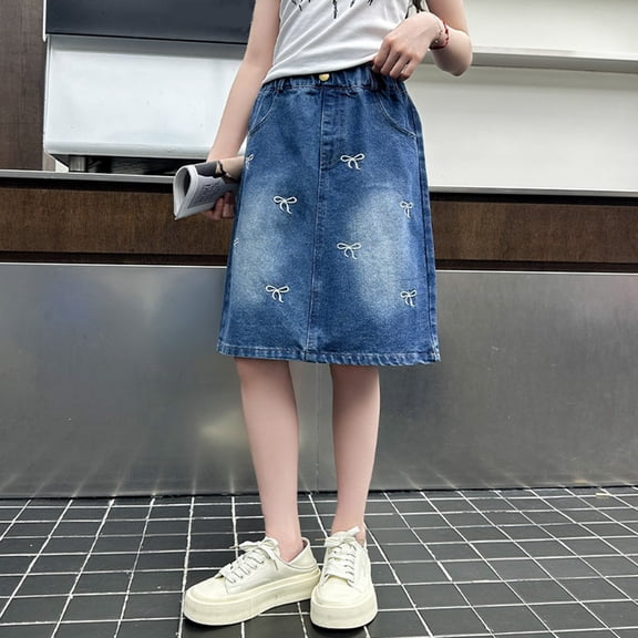 RUTAYY Children Girls Denim Skirt Elastic Waist Bow Embroidery with Pockets Comfortable Everyday Wear Summer Active Skirts