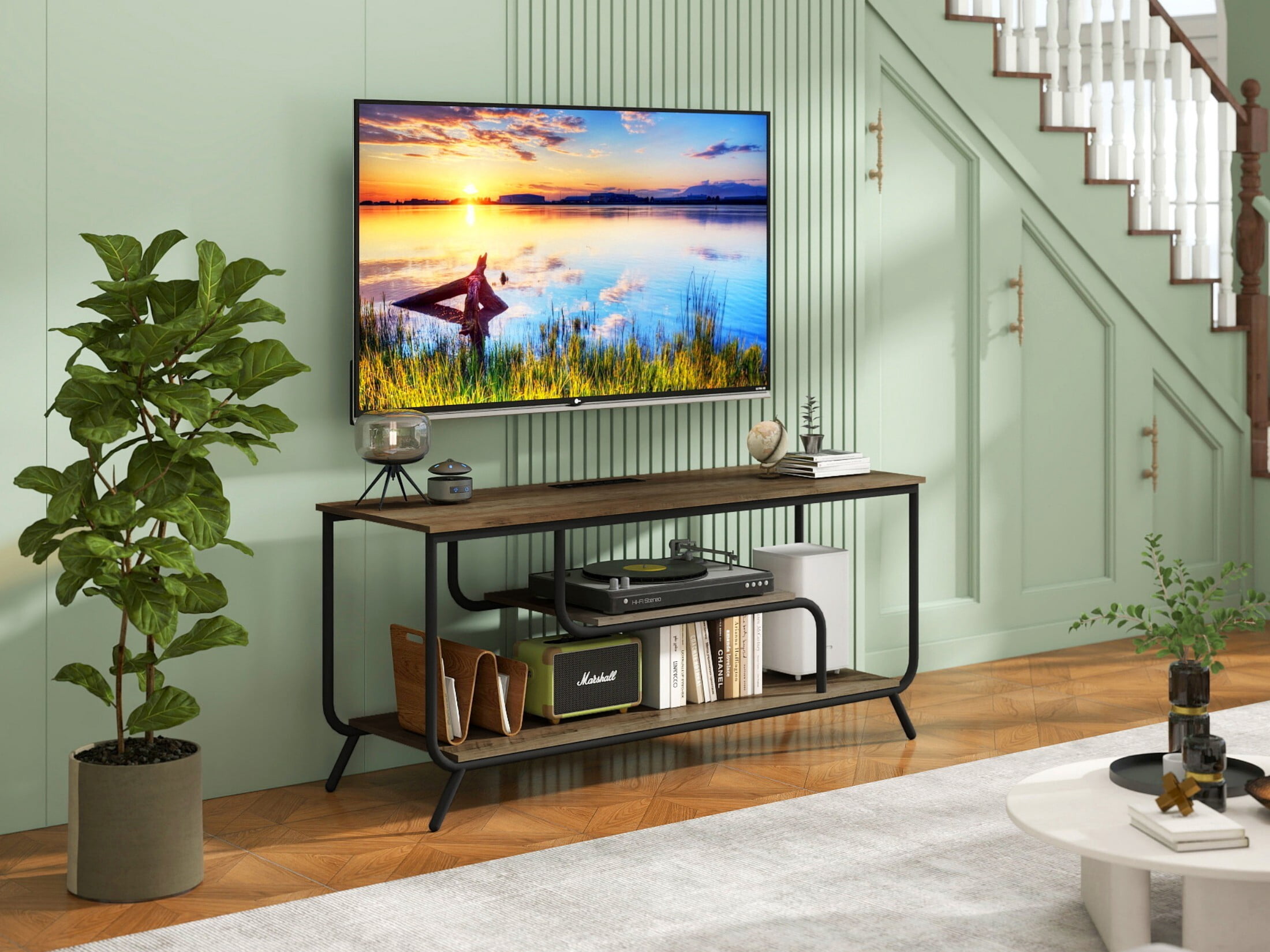 DEALTOPS 16-Color LED Lights TV Stand with Charging Stations and Shelf for TVs Up to 55'', Rustic Walnut