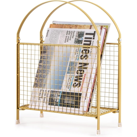 Freestanding Magazine Holder – Modern Touch Handbag Design, Magazine Organizer Metal Rack for Books, Vinyl Record, Newspaper (Gold)