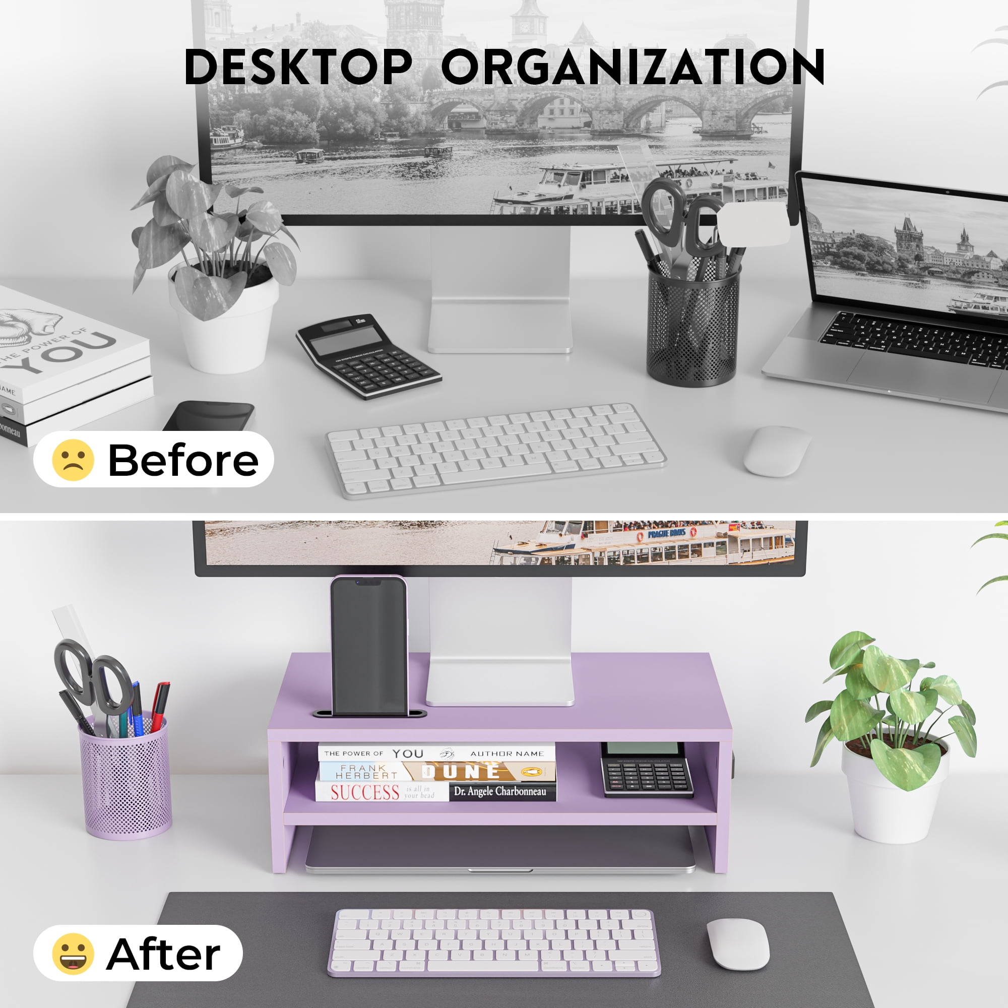 BONTEC Wooden Monitor Stand Riser, 2-Tier Desk Shelf with Storage Organizer, Ergonomic Computer Stand with Cable Management, Cellphone Holder, Purple, 16.5 Inch